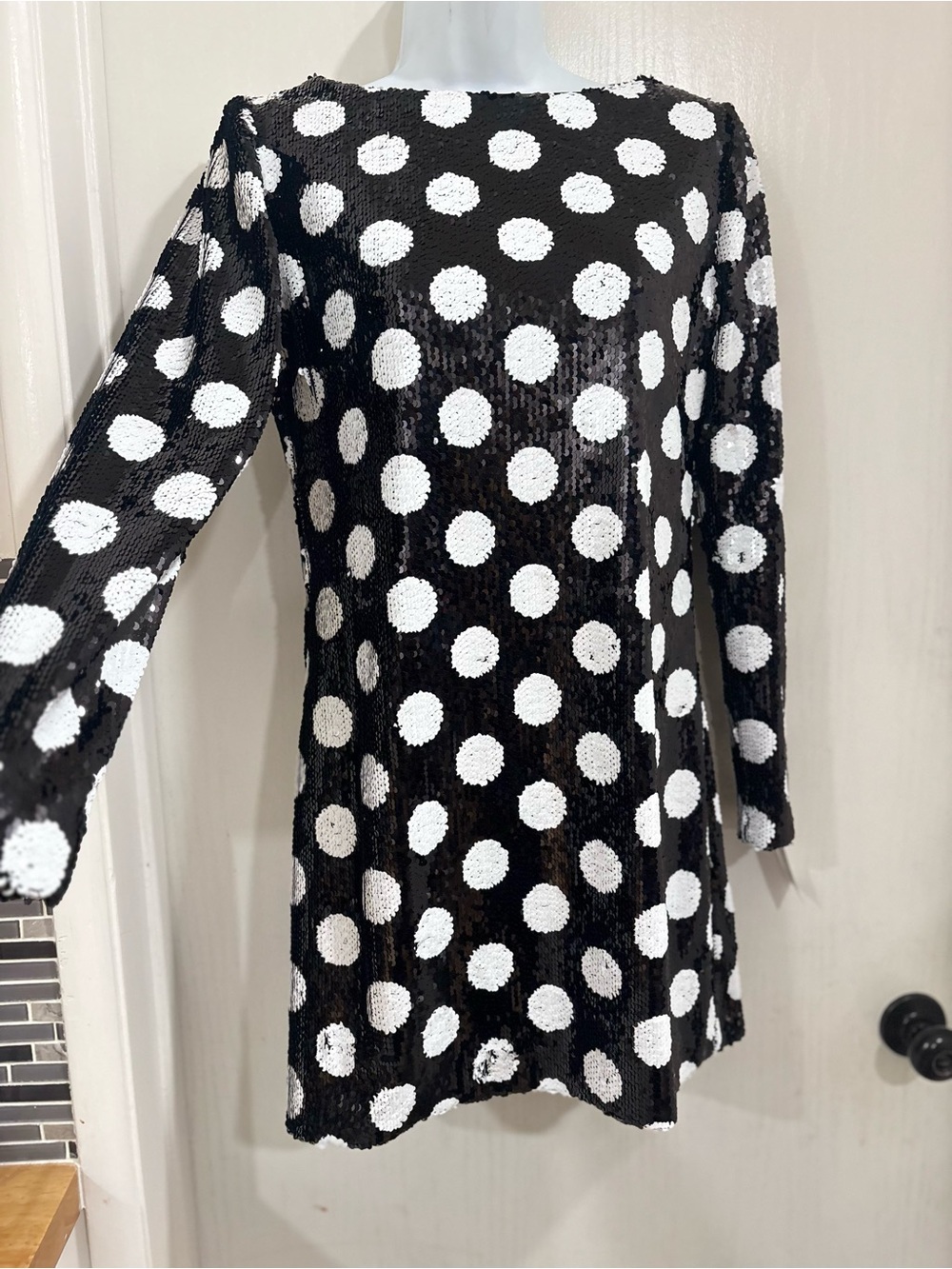 Wayf Black and White Polka Dot Sequin Long Sleeve Dress